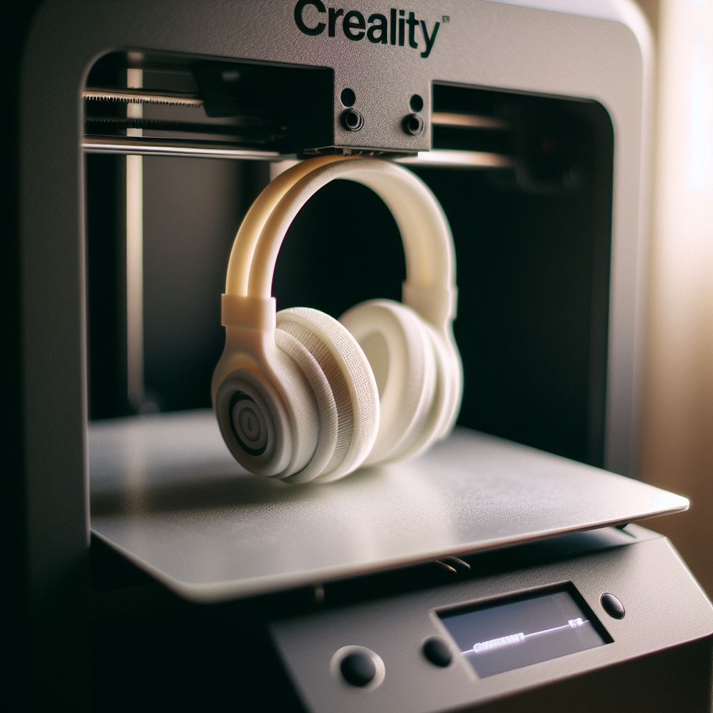 Svart creality 3dprinter som printar ett par hörlurar i vit pla plast